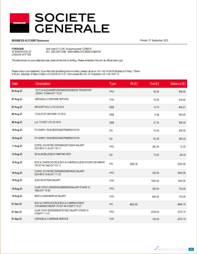 Download Societe Generale Bank firm account statement Word and PDF template Photoshop template